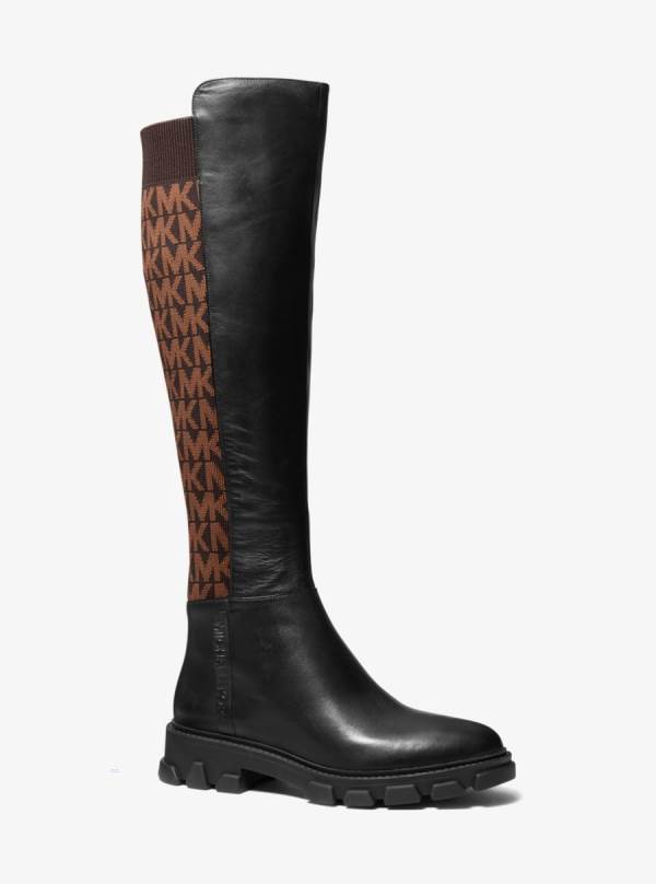 Damske Vysoke Cizmy Michael Kors Ridley Leather and Logo Jacquard Knee Hnede - Topanky Michael Kors Obchod | VCNOJ-3951